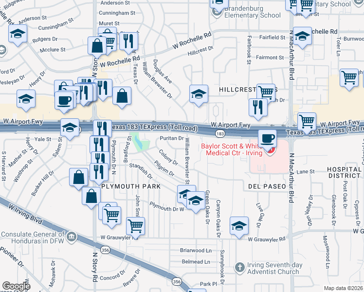 map of restaurants, bars, coffee shops, grocery stores, and more near 1809 James Street in Irving