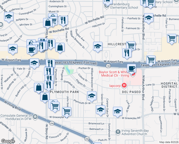 map of restaurants, bars, coffee shops, grocery stores, and more near 1809 James Street in Irving