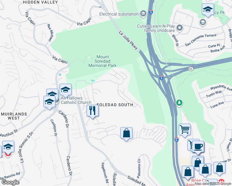 map of restaurants, bars, coffee shops, grocery stores, and more near 6564 Caminito Northland in San Diego