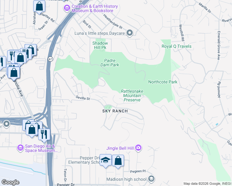 map of restaurants, bars, coffee shops, grocery stores, and more near 7000 Mariposa Street in Santee