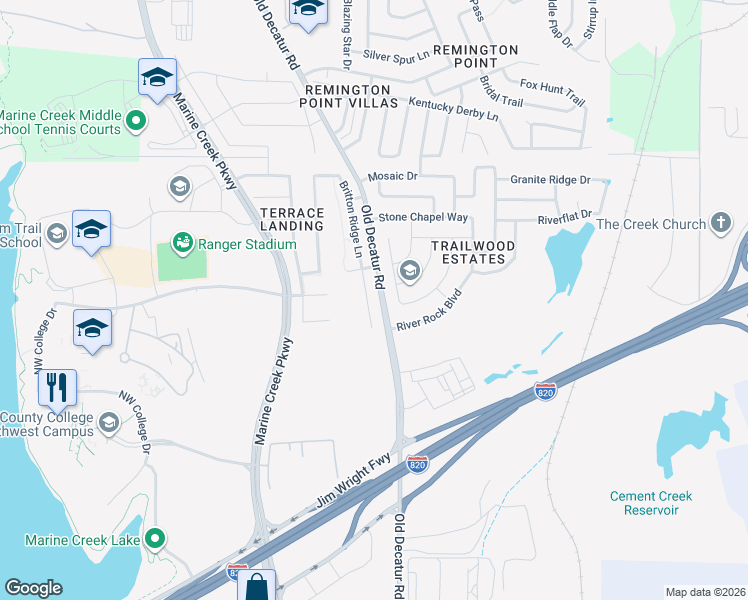 map of restaurants, bars, coffee shops, grocery stores, and more near 5044 Britton Ridge Lane in Fort Worth