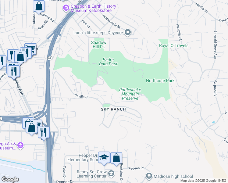 map of restaurants, bars, coffee shops, grocery stores, and more near 7000 Mariposa Street in Santee