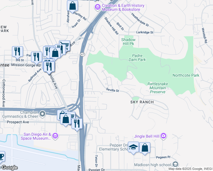 map of restaurants, bars, coffee shops, grocery stores, and more near 1807 Calabria Street in Santee