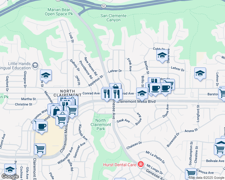 map of restaurants, bars, coffee shops, grocery stores, and more near 4981 Genesee Avenue in San Diego