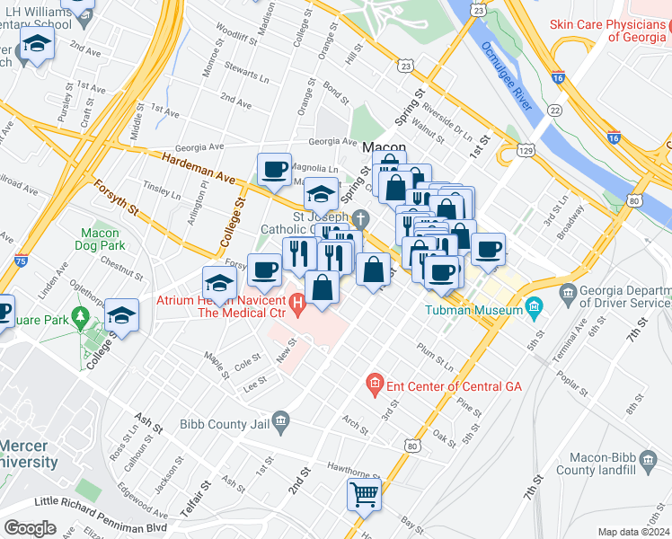 map of restaurants, bars, coffee shops, grocery stores, and more near 861 High Street in Macon