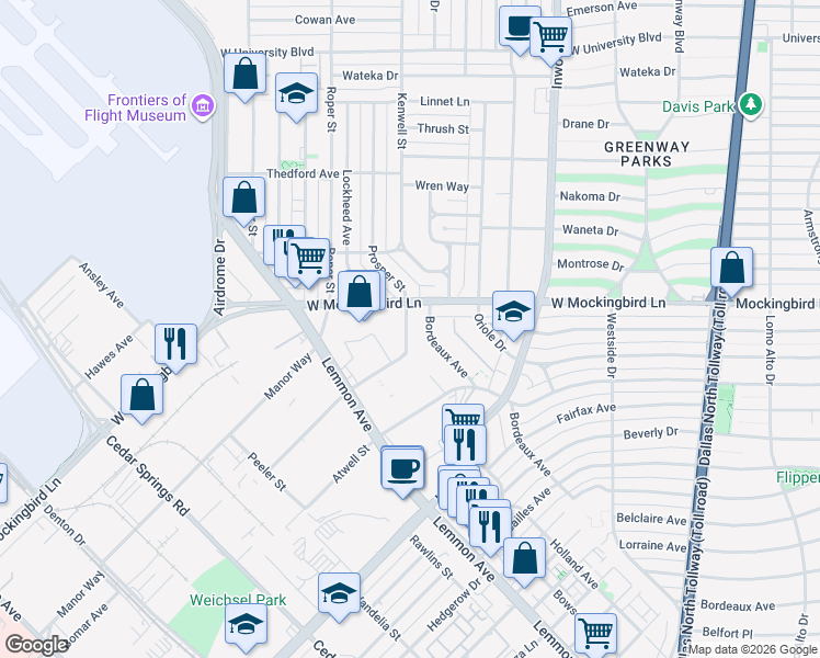 map of restaurants, bars, coffee shops, grocery stores, and more near 6489A Bordeaux Avenue in Dallas
