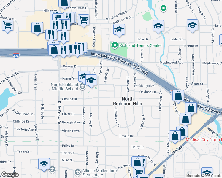 map of restaurants, bars, coffee shops, grocery stores, and more near 7021 Marilyn Lane in North Richland Hills