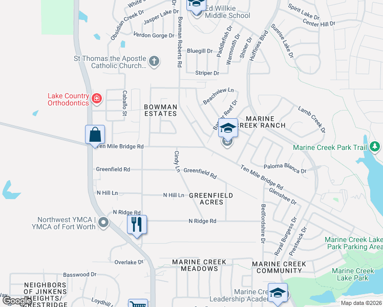 map of restaurants, bars, coffee shops, grocery stores, and more near 6150 Ten Mile Bridge Road in Fort Worth
