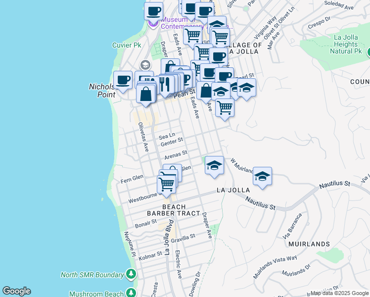 map of restaurants, bars, coffee shops, grocery stores, and more near 630 Genter Street in San Diego