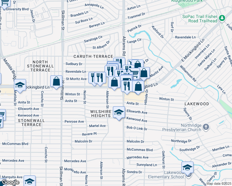 map of restaurants, bars, coffee shops, grocery stores, and more near 6332-6348 East Mockingbird Lane in Dallas
