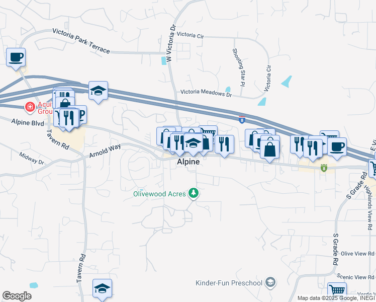 map of restaurants, bars, coffee shops, grocery stores, and more near 2235 West Victoria Drive in Alpine