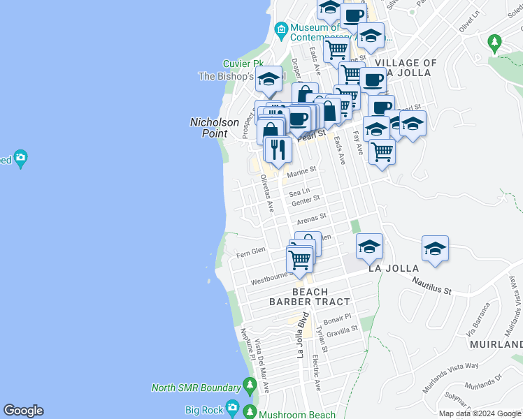 map of restaurants, bars, coffee shops, grocery stores, and more near 7253 Monte Vista Avenue in San Diego