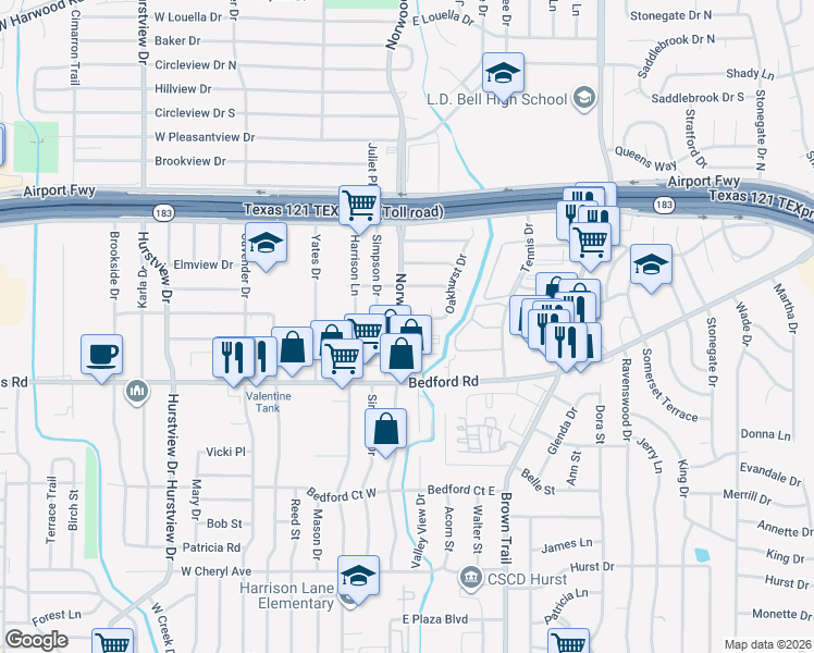 map of restaurants, bars, coffee shops, grocery stores, and more near 100 Oakhurst Drive in Hurst