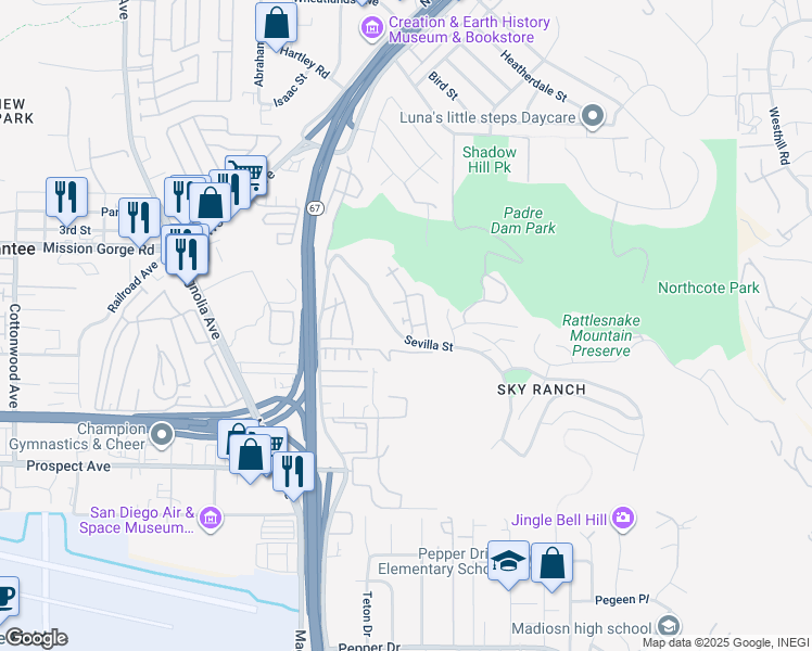 map of restaurants, bars, coffee shops, grocery stores, and more near 1110 Calabria Street in Santee