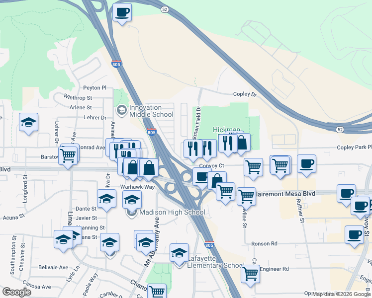 map of restaurants, bars, coffee shops, grocery stores, and more near 6460 Convoy Street in San Diego