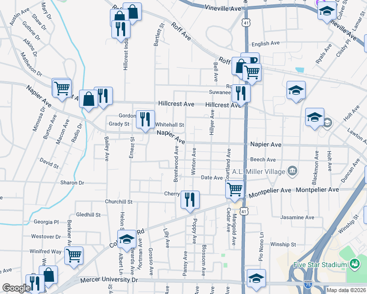map of restaurants, bars, coffee shops, grocery stores, and more near 2780 Napier Avenue in Macon