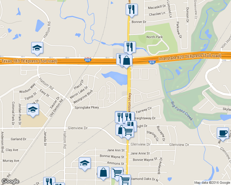 map of restaurants, bars, coffee shops, grocery stores, and more near 656 Spring Lake Apartment in Haltom City