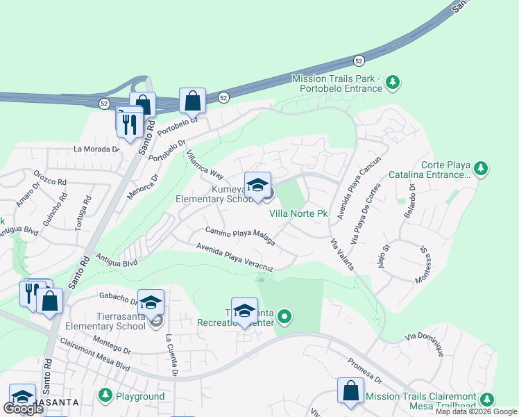 map of restaurants, bars, coffee shops, grocery stores, and more near 6475 Antigua Boulevard in San Diego
