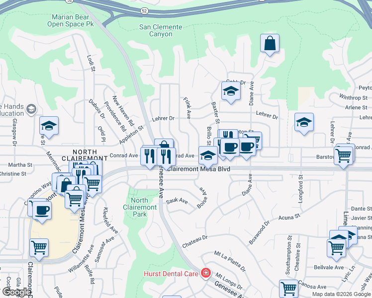 map of restaurants, bars, coffee shops, grocery stores, and more near 4972 Ensign Street in San Diego