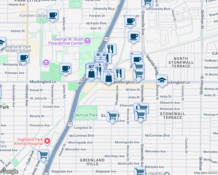 map of restaurants, bars, coffee shops, grocery stores, and more near 5400 East Mockingbird Lane in Dallas