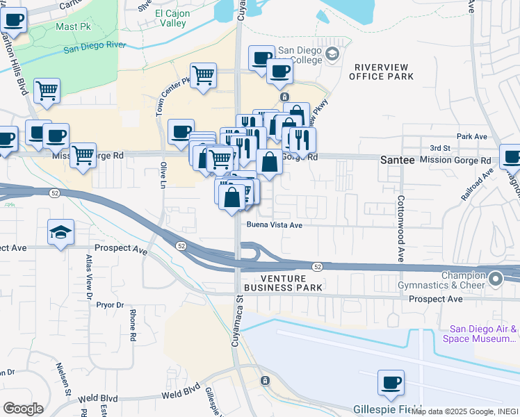 map of restaurants, bars, coffee shops, grocery stores, and more near 9855 Mission Viejo Court in Santee
