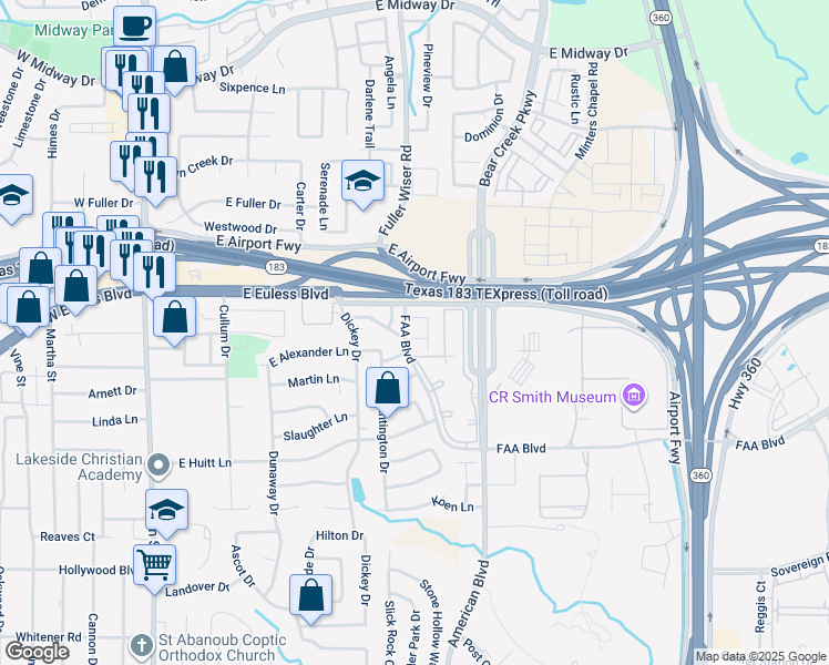 map of restaurants, bars, coffee shops, grocery stores, and more near 13601 Anthem Avenue in Euless