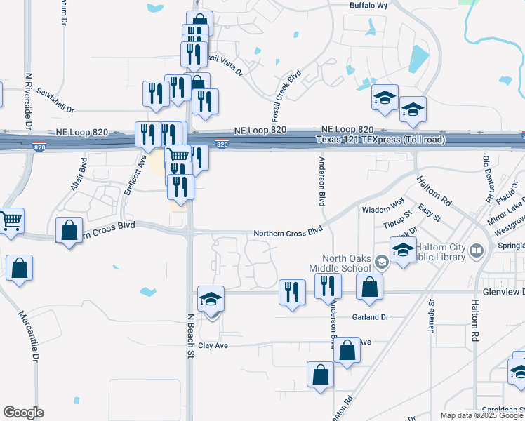 map of restaurants, bars, coffee shops, grocery stores, and more near 4000 Northeast Loop 820 in Haltom City