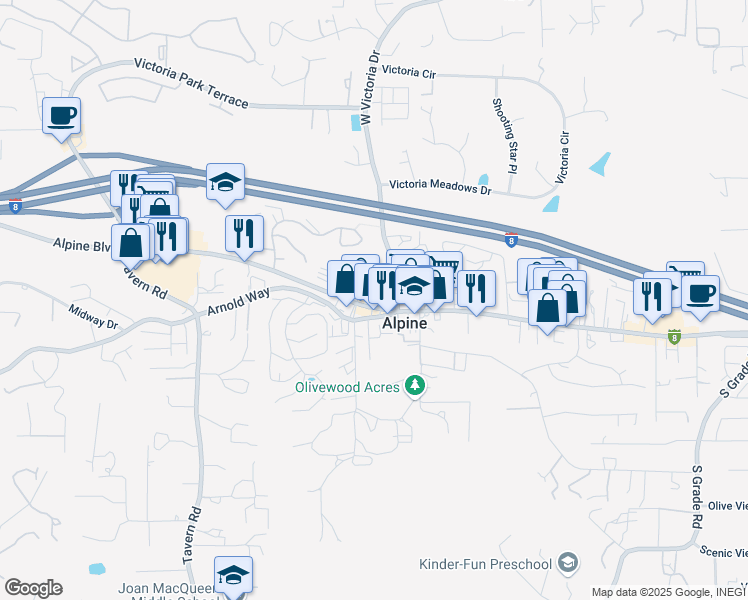 map of restaurants, bars, coffee shops, grocery stores, and more near 2137 Alpine Glen Place in Alpine