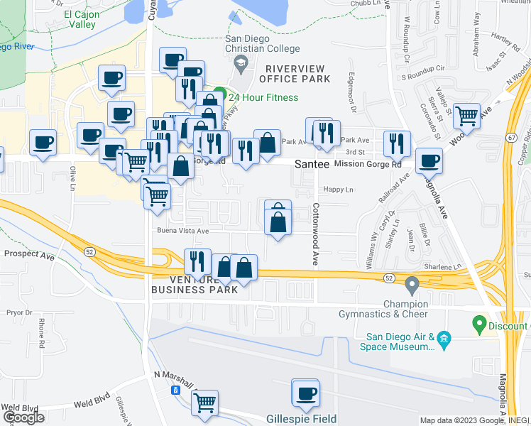 map of restaurants, bars, coffee shops, grocery stores, and more near 8808 Morningside Way in Santee