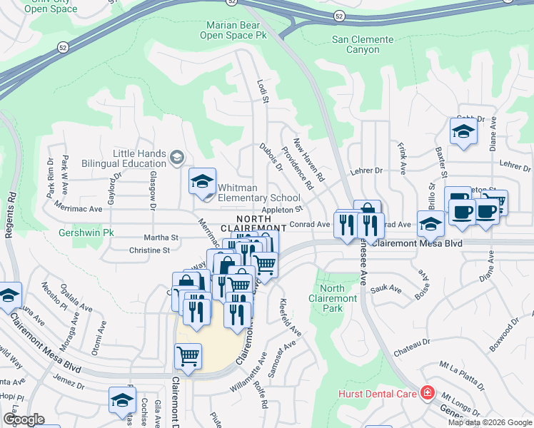 map of restaurants, bars, coffee shops, grocery stores, and more near 5020 Caywood Street in San Diego