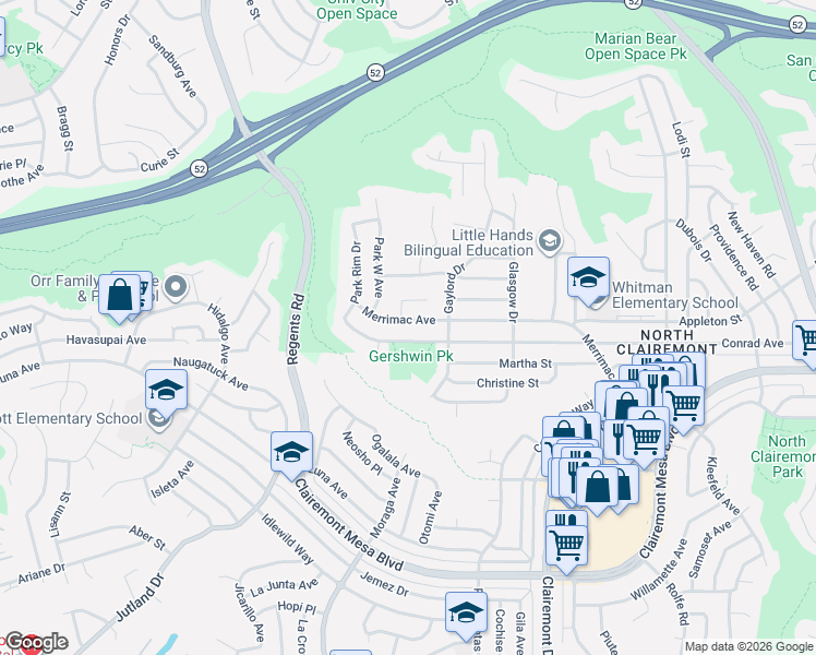map of restaurants, bars, coffee shops, grocery stores, and more near 5029 Merrimac Court in San Diego