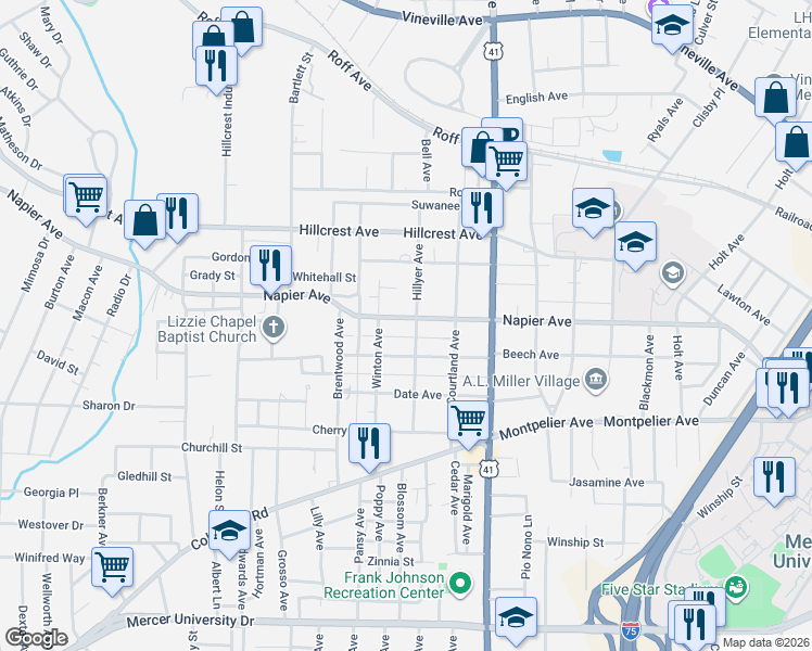 map of restaurants, bars, coffee shops, grocery stores, and more near 1085 Hillyer Avenue in Macon