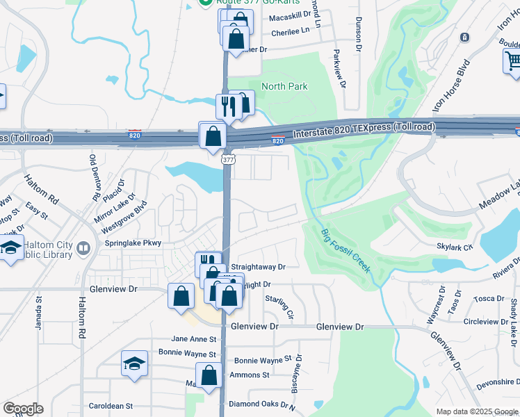 map of restaurants, bars, coffee shops, grocery stores, and more near 5617 Coventry Park Drive in Haltom City