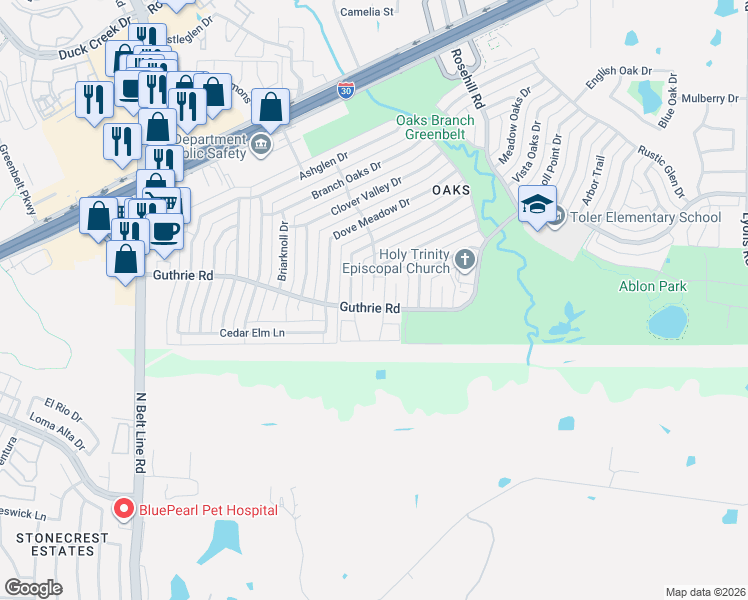 map of restaurants, bars, coffee shops, grocery stores, and more near 6405 Faircove Circle in Garland