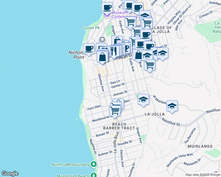 map of restaurants, bars, coffee shops, grocery stores, and more near 509 Genter Street in San Diego