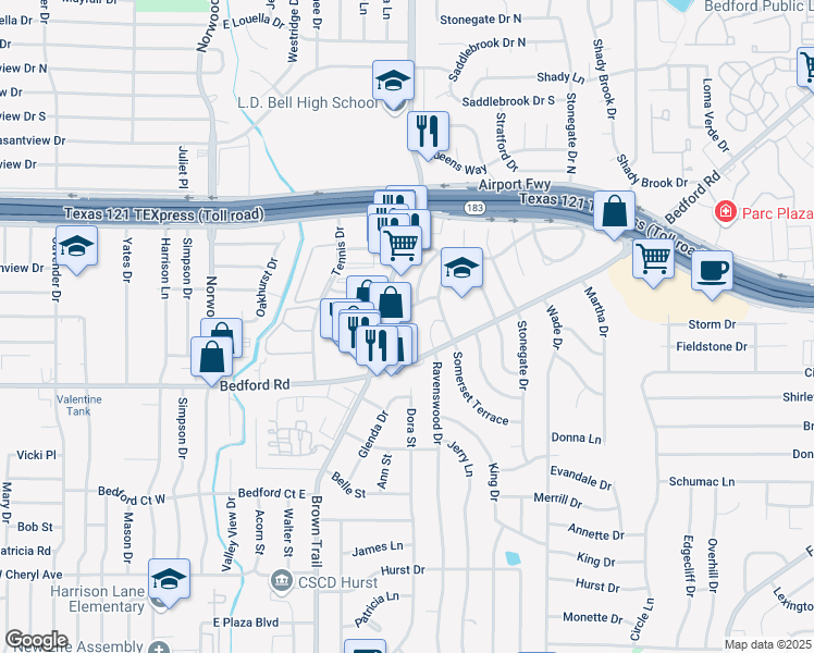 map of restaurants, bars, coffee shops, grocery stores, and more near 531 Bedford Road in Bedford