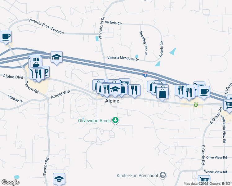 map of restaurants, bars, coffee shops, grocery stores, and more near 1350 Marshall Road in Alpine
