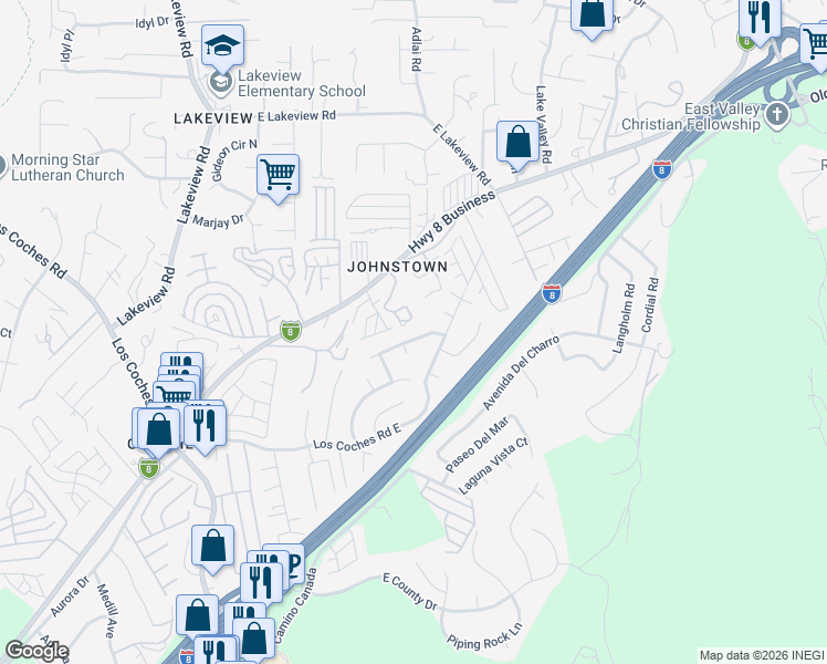 map of restaurants, bars, coffee shops, grocery stores, and more near 13527 Highway 8 Business in El Cajon