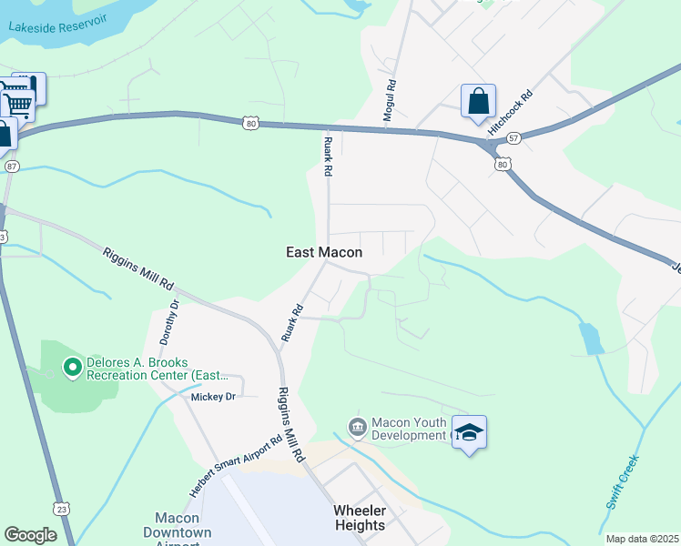 map of restaurants, bars, coffee shops, grocery stores, and more near 3000 Jeanette Drive in Macon