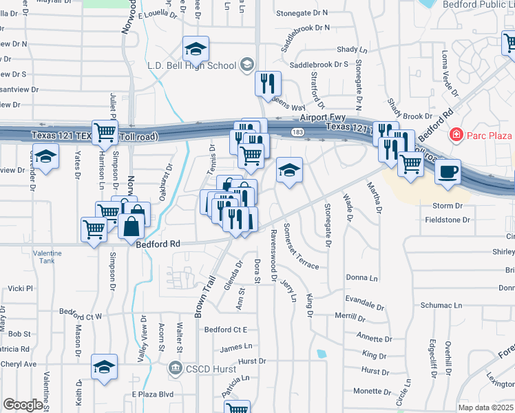 map of restaurants, bars, coffee shops, grocery stores, and more near 531 Bedford Road in Bedford