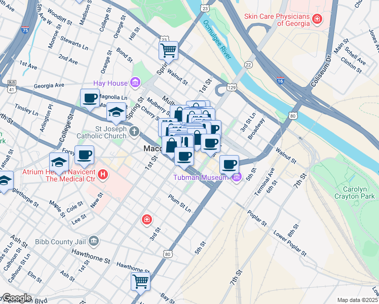 map of restaurants, bars, coffee shops, grocery stores, and more near 606 Cherry Street in Macon