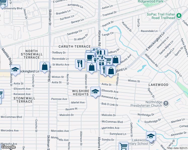 map of restaurants, bars, coffee shops, grocery stores, and more near 6348 East Mockingbird Lane in Dallas