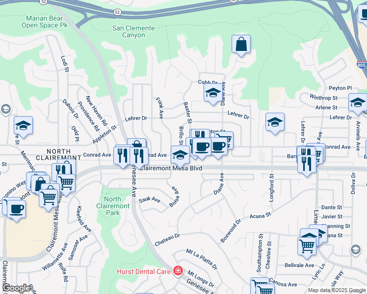 map of restaurants, bars, coffee shops, grocery stores, and more near 4983 Brillo Street in San Diego