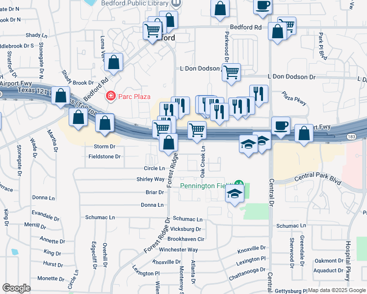 map of restaurants, bars, coffee shops, grocery stores, and more near 1600 Airport Freeway in Bedford