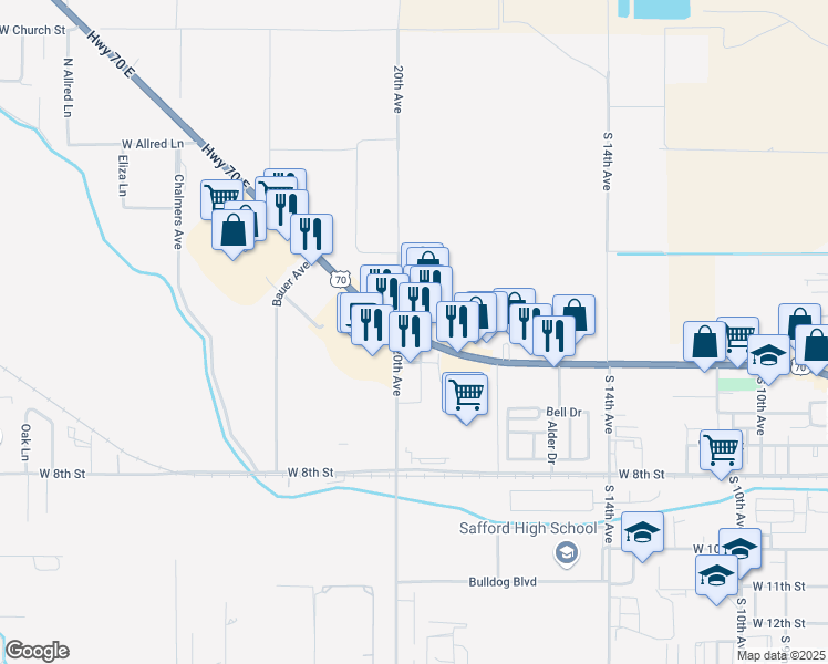 map of restaurants, bars, coffee shops, grocery stores, and more near 1976 West Thatcher Boulevard in Safford