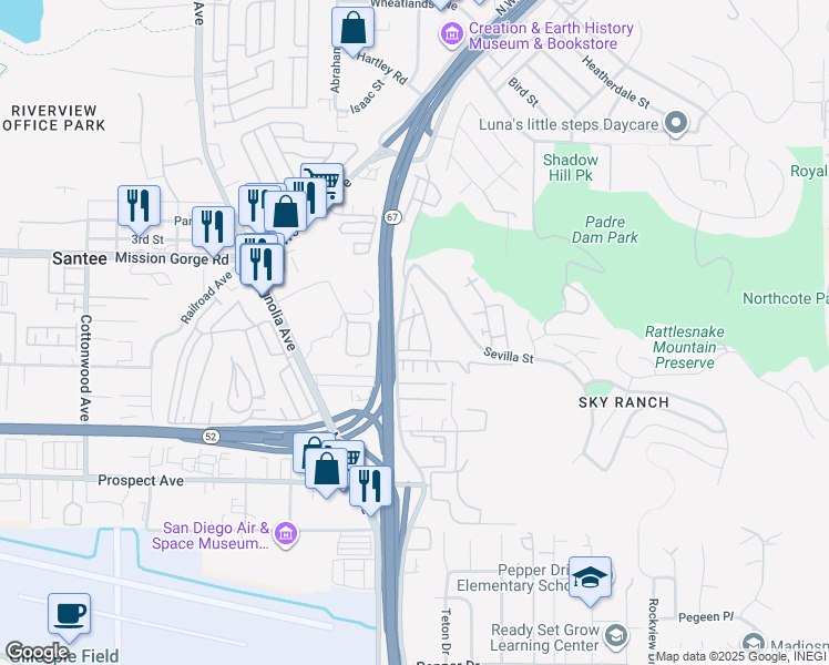 map of restaurants, bars, coffee shops, grocery stores, and more near 8777 Graves Avenue in Santee