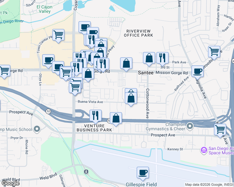 map of restaurants, bars, coffee shops, grocery stores, and more near 8802 Blue Boy Lane in Santee