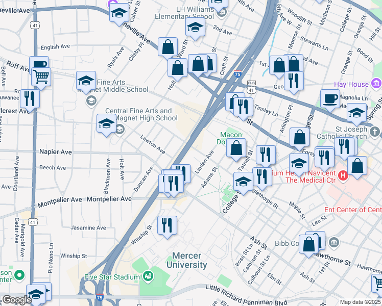 map of restaurants, bars, coffee shops, grocery stores, and more near 1709 Rembert Avenue in Macon