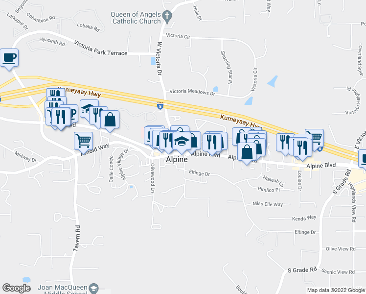 map of restaurants, bars, coffee shops, grocery stores, and more near 1350 Marshall Road in Alpine