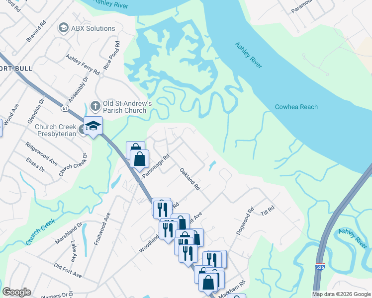 map of restaurants, bars, coffee shops, grocery stores, and more near 2272 Parsonage Road in Charleston